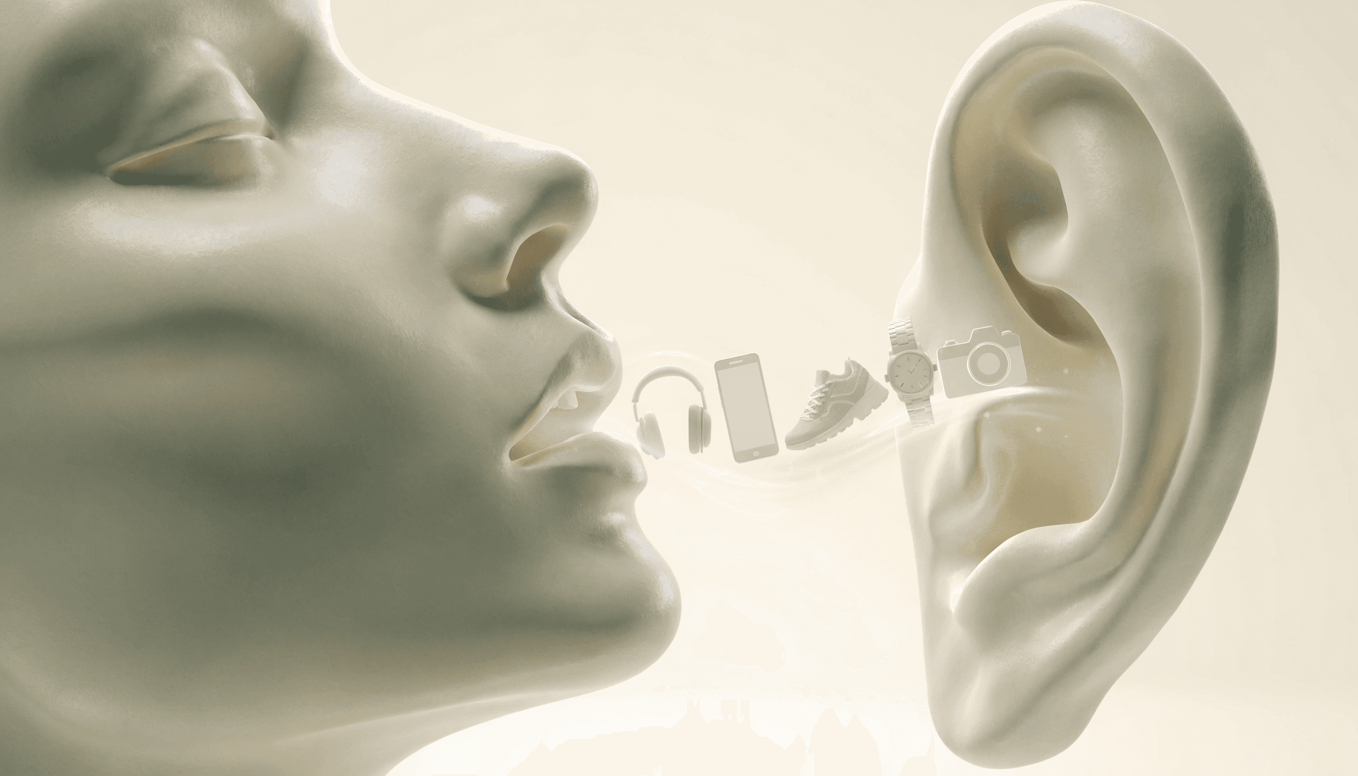 A stylized illustration of a mouth whispering a stream of product icons into an ear, representing trending buzz