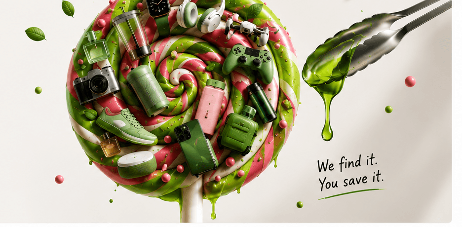 A swirled pink and green lollipop covered in tech and lifestyle products, with tongs dripping green candy syrup — Sweet Finds' curated catalog, we find it, you save it