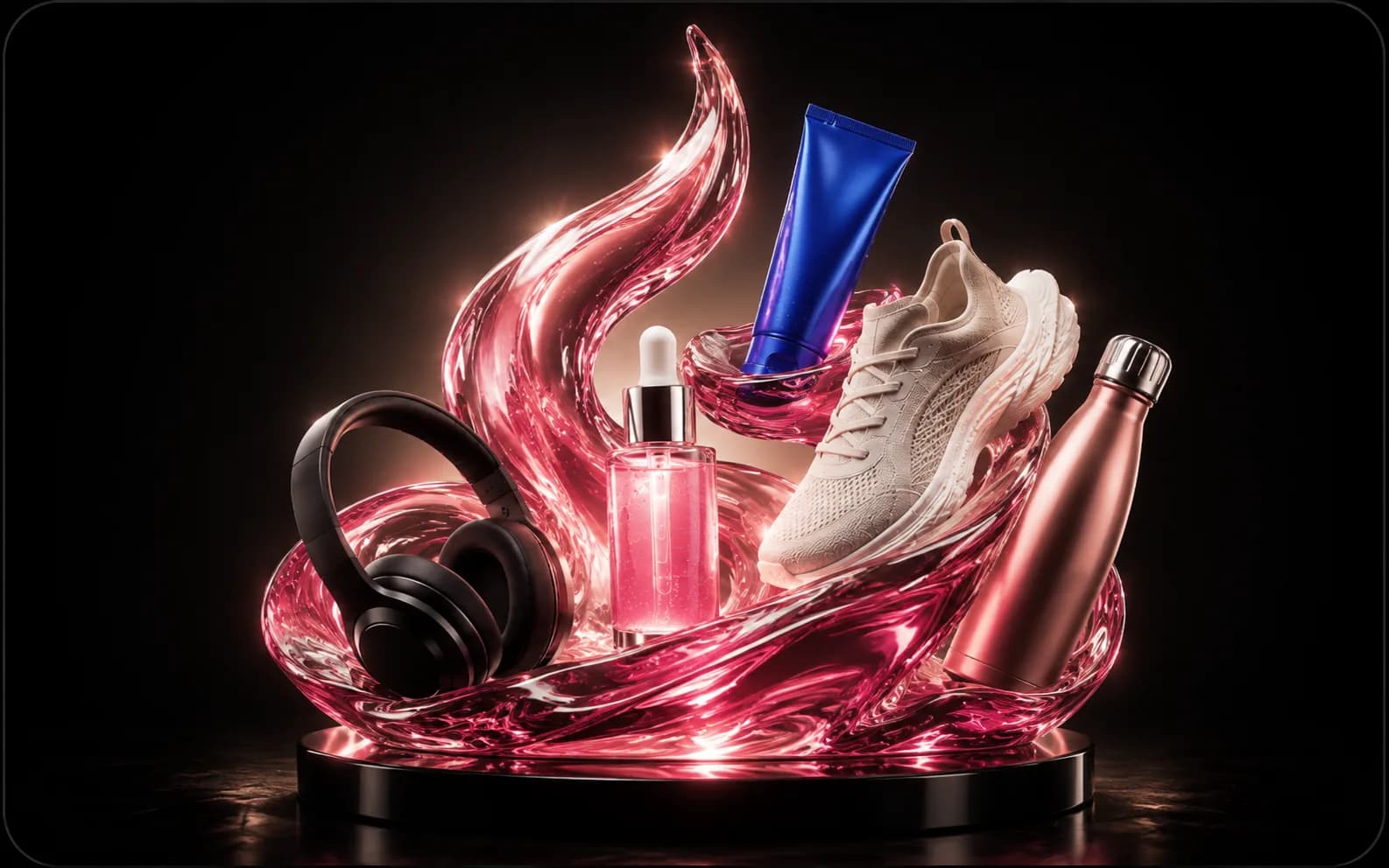 Headphones, a serum bottle, a blue tube, a sneaker and a water bottle held in a swirl of glossy pink glass on a dark pedestal